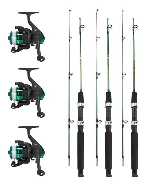 Imagem de Kit 3 Molinetes 3 Rolamentos Alpha 300 3 Varas de Pesca 10kg 3 Linhas Anzol- Vrs Fishing