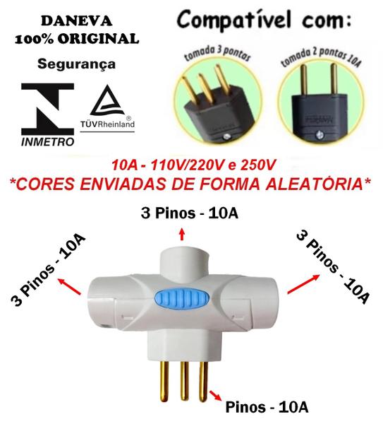 Imagem de Kit 3 Multiplicador de Tomada Daneva Benjamin Adaptador Plug T 3 Pinos 10A NBR Inmetro Tripolar