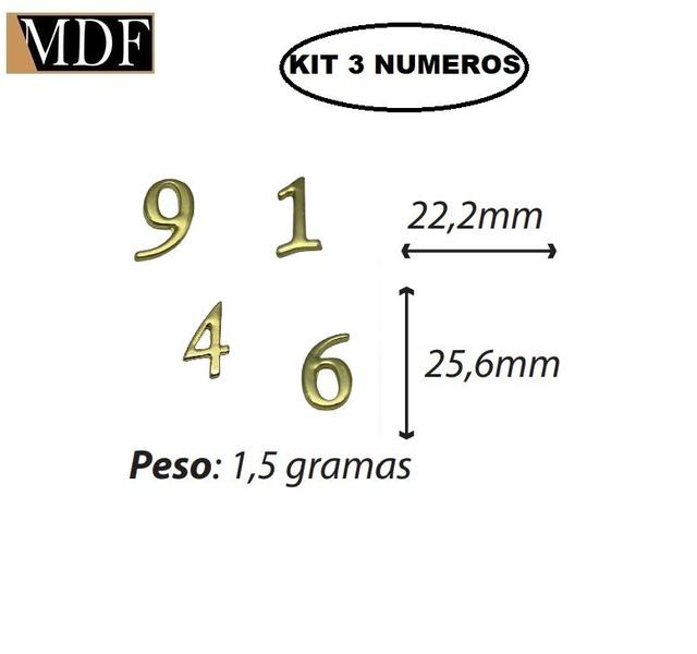 Imagem de Kit 3 Números para Artesanato Apliques 2,22 X 2,56cm  Zamac Dourado