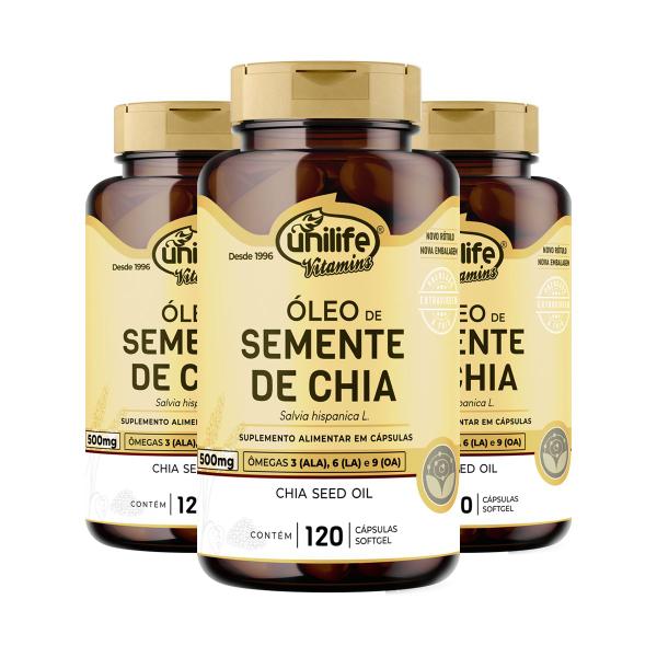 Kit 3 Óleo de Semente de Chia Unilife 120 Cápsulas Imagem de Kit 3 Óleo de Semente de Chia Unilife 120 Cápsulas