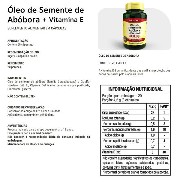 Imagem de Kit 3 Óleo Semente de Abóbora + Vitamina E 60 Cáps Maxinutri