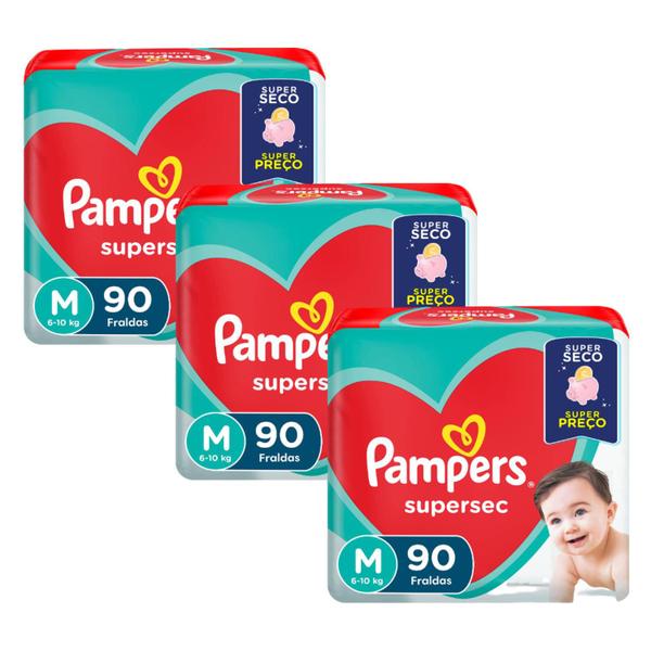 Imagem de Kit 3 pacotes Pampers Supersec M com 90 fraldas