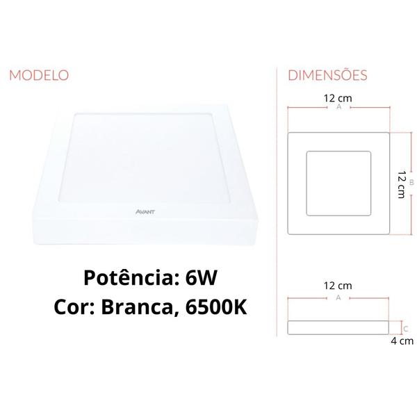 Imagem de Kit 3 Paineis de Led Sobrepor Quadrado Bivolt 12x12 6w 360 Lumens Branca Avant