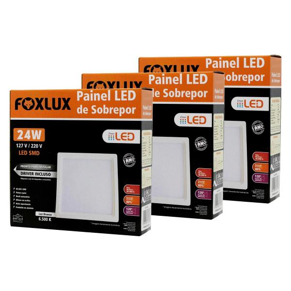 Imagem de Kit 3 Painel LED 24W Bivolt 6.500K Quadrado Sobrepor Foxlux