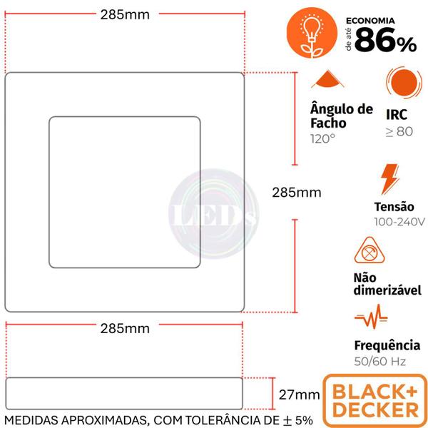 Imagem de Kit 3 Painel Plafon Quadrado Sobrepor 24w Preto Branco Frio 6500k