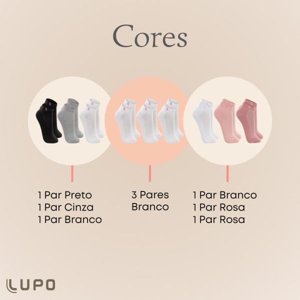 Imagem de Kit 3 Pares De Meias Cano Curto Lupo Sport Esportiva Cores Feminina Algodão Tamanho 33 Ao 40