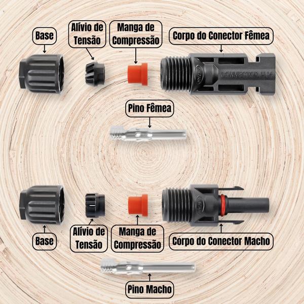 Imagem de Kit 3 Pares de Plug Terminal Conector MC4 Cabo Painel Energia Solar Placa Fotovoltaica Instalação de Módulo Inversor Macho e Fêmea