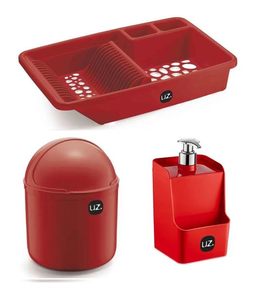 Imagem de Kit 3 Pçs Lixeira Dispenser E Escorredor De Louças Vermelho Uz