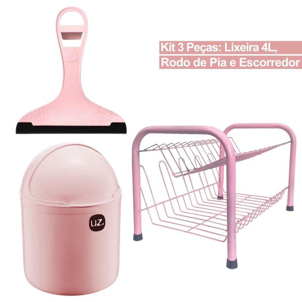 Imagem de Kit 3 Pçs Organizador Cozinha Rosa Escorredor Lixo Rodinho