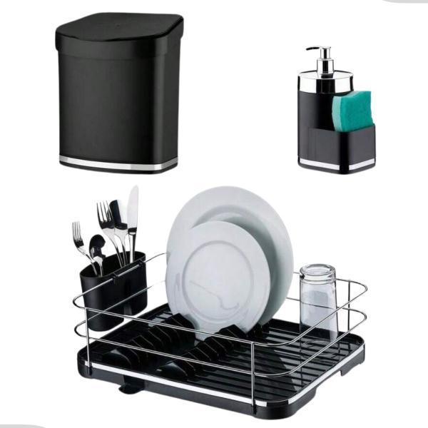 Imagem de Kit 3 Peças Escorredor De Louça Cozinha Porta Detergente Lixeira Pia Cozinha Preto Future