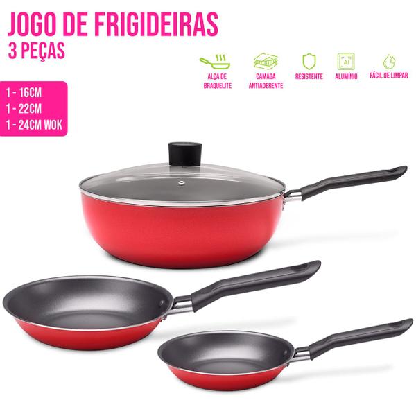 Imagem de Kit 3 Peças Frigideira Alumínio Antiaderente WOK Yakissoba