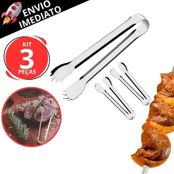 Imagem de Kit 3 Pegador de Carne em Inox Pegador Gelo Frutas Sobremesas Salada Buffet Restaurante Churrascaria