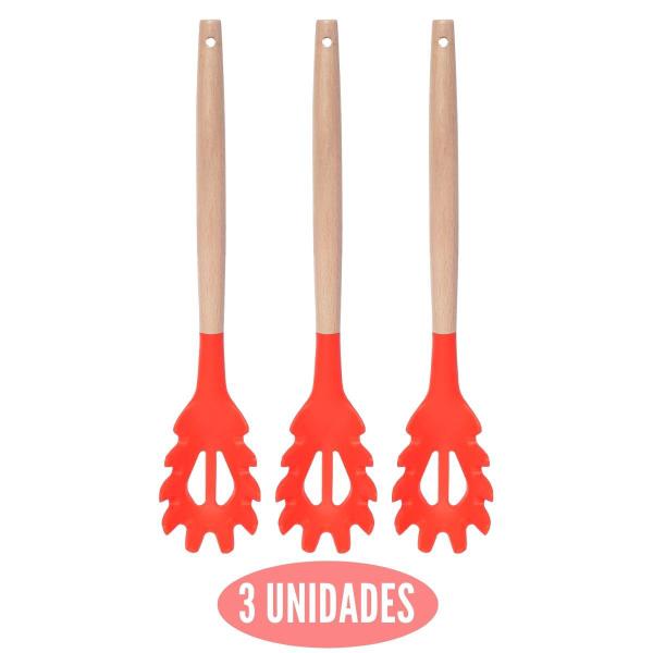 Imagem de Kit 3 Pegador de Silicone Vermelho Cabo Bambu Multiuso