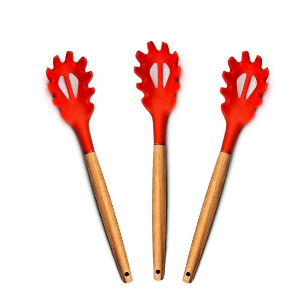Kit 3 Pegadores Macarrão Silicone Madeira 32cm Vermelho - Udlandia Imagem de Kit 3 Pegadores Macarrão Silicone Madeira 32cm Vermelho