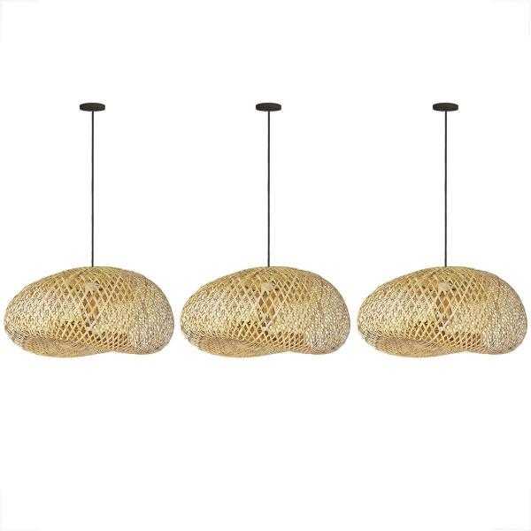 Imagem de Kit 3 Pendente Bambu Artesanal Fibra Natural E27 Borneu