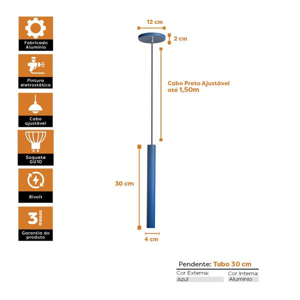 Imagem de Kit 3 Pendente Luminária Tubo Azul 30 Cm