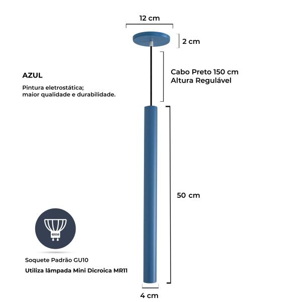 Imagem de Kit 3 Pendente Luminária Tubo Azul 50 Cm + Lâmpada LED Branco Neutro