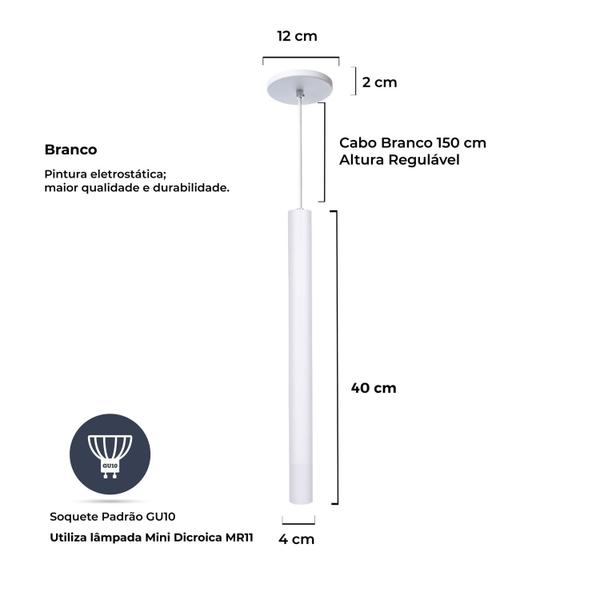 Imagem de Kit 3 Pendente Luminária Tubo Branco 40 Cm