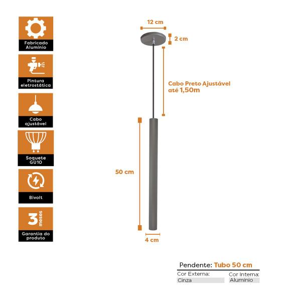 Imagem de Kit 3 Pendente Luminária Tubo Cinza 50 Cm