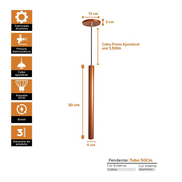 Imagem de Kit 3 Pendente Luminária Tubo Cobre 50 Cm