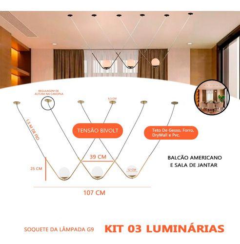 Imagem de Kit 3 Pendente Luminarias de Teto Oscar Vidro Globo 12cm Bivolt Dourado ou Preto