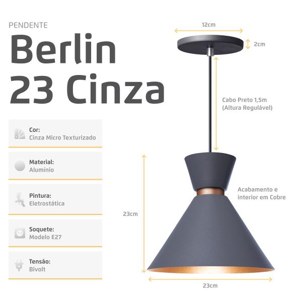 Imagem de Kit 3 Pendente Lustre Luminária Berlin 23cm Cinza