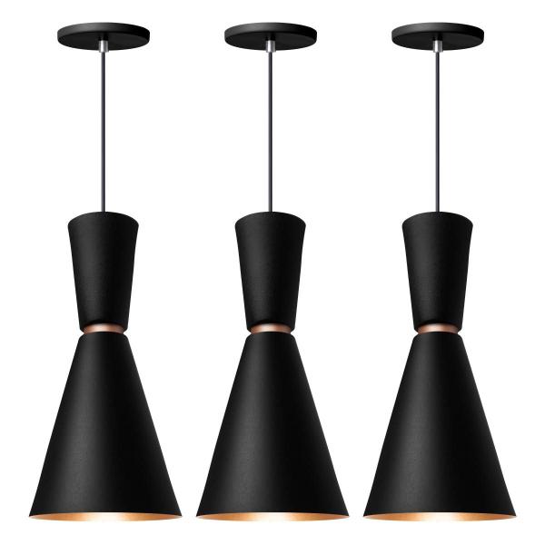 Imagem de Kit 3 Pendente Lustre Luminária Cone Moscou 39cm Preto