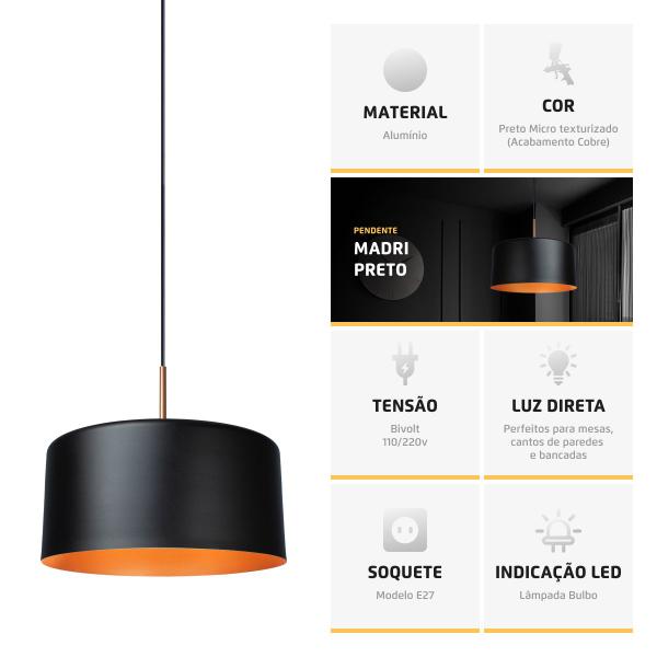 Imagem de Kit 3 Pendente Lustre Luminária Madri Preto