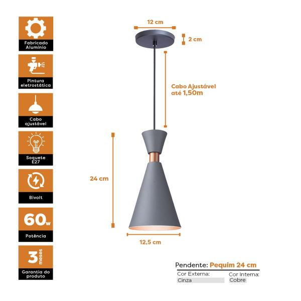 Imagem de Kit 3 Pendente Lustre Luminária Mini Pequim 24cm Cinza