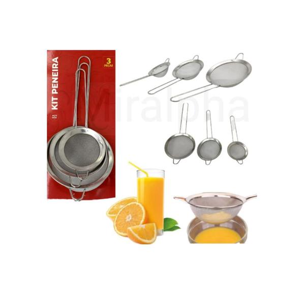 Imagem de Kit 3 Peneiras Aço Cozinha Inox 10,12,14cm Peneirar Original