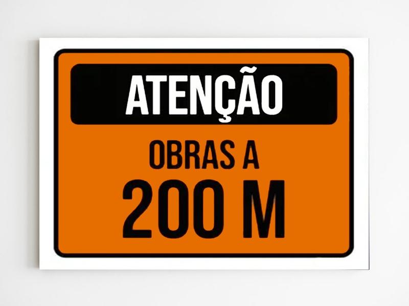 Imagem de Kit 3 placas de aviso atenção obras a 200m sinalização mdf