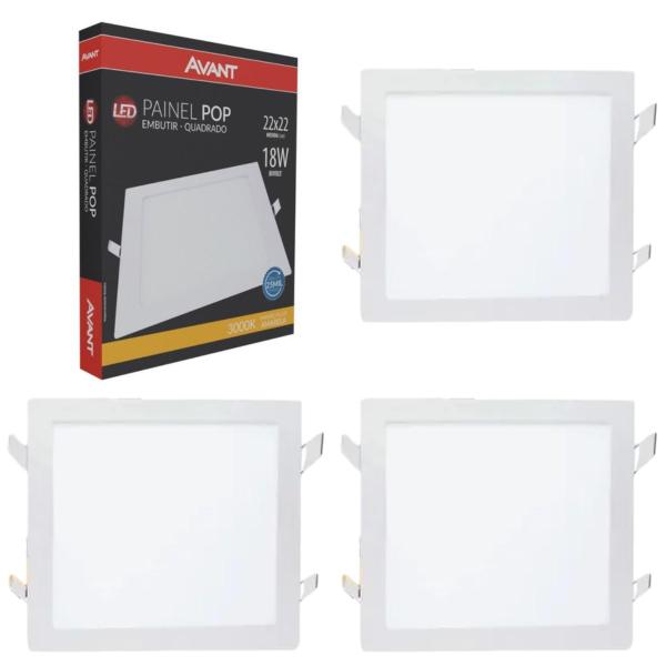 Imagem de Kit 3 Plafon de Embutir 22x22cm Avant 18W 3000K Bivolt Luz Amarela - Quadrado