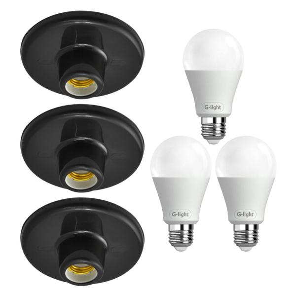 Imagem de Kit 3 Plafonier Plafon Soquete E-27 Preto Com 3 Lâmpada Led 12W Autovolt Cor Da Luz Branca P/ Sala Quarto Cozinha