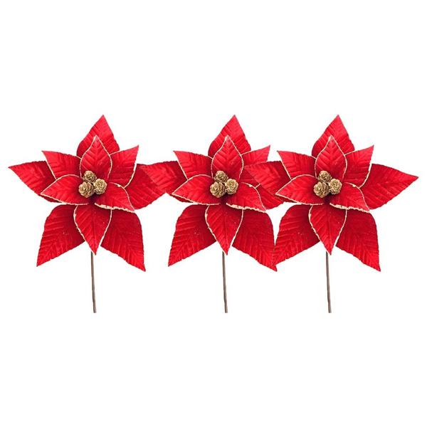 Imagem de Kit 3 Poinsetia Decorativa de Natal Aveludada Vermelha com Pinhas 50cm Tok da Casa