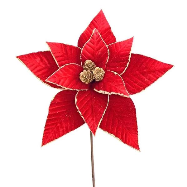 Imagem de Kit 3 Poinsetia Decorativa de Natal Aveludada Vermelha com Pinhas 50cm Tok da Casa