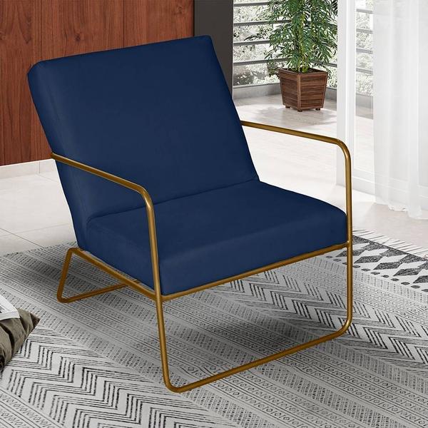 Imagem de KIT 3 Poltrona para Descanso Iza Base de Ferro Dourado Jardim Varanda Suede Azul Marinho - Móveis Mafer