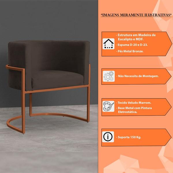 Imagem de Kit 3 Poltronas Decorativa Luana Base Bronze Veludo Marrom - Montanaris Decor