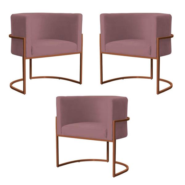 Imagem de Kit 3 Poltronas Decorativa Luana Base Bronze Veludo Rosê - Montanaris Decor