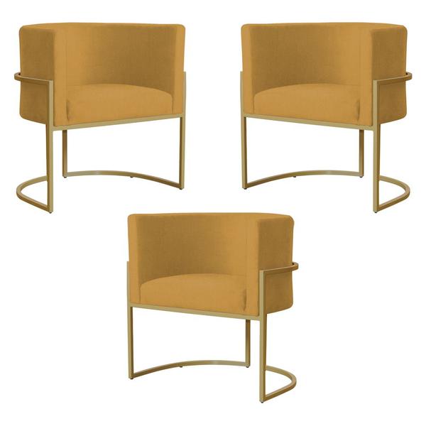 Imagem de Kit 3 Poltronas Decorativa Sala de Estar Luana Base Gold Suede Mostarda - Montanaris Decor