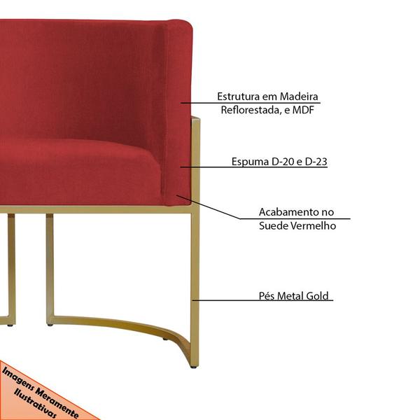 Imagem de Kit 3 Poltronas Decorativa Sala de Estar Luana Base Gold Suede Vermelho - Montanaris Decor