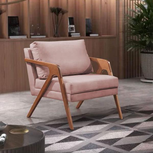 Imagem de Kit 3 Poltronas Decorativas Mona Premium Base Madeira Maciça Veludo Rose