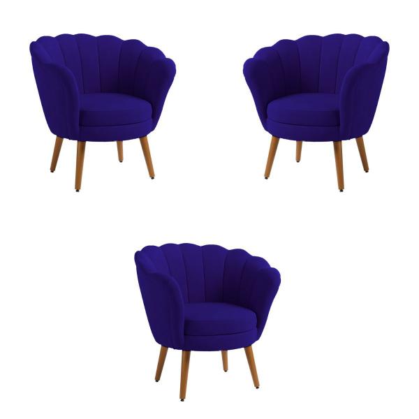 Imagem de Kit 3 Poltronas Decorativas Pétala Sala de Estar Tecido Veludo Azul Marinho Kimi Design