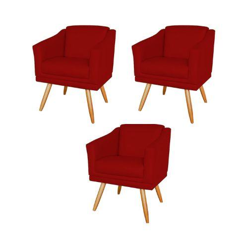 Imagem de Kit 3 Poltronas Decorativas San Diego Sala de Estar Tecido Veludo Vermelho Kimi Design