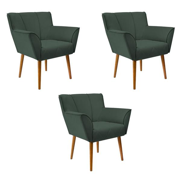 Imagem de Kit 3 Poltronas para Recepção Decorativa Estofada Santiago Pés de Madeira Verde