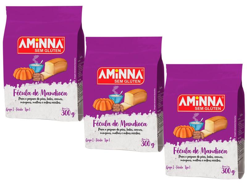 Kit 3 Polvilho Doce Fécula Mandioca Sem Glúten 300g Aminna Imagem de Kit 3 Polvilho Doce Fécula Mandioca Sem Glúten 300g Aminna