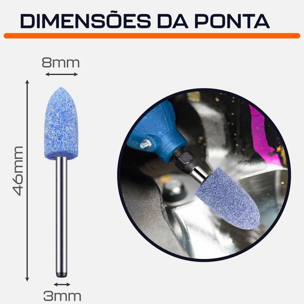 Imagem de Kit 3 Ponta Montada 8mm Azul Bala Haste 3mm Micro Retífica