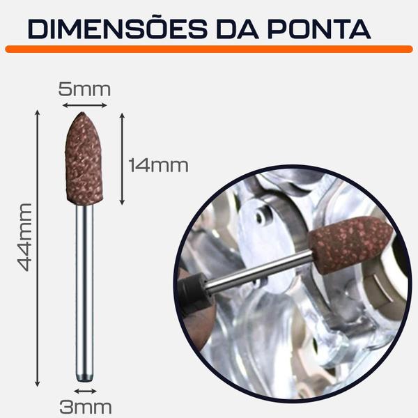 Imagem de Kit 3 Pontas Montadas 5Mm Cônica Borracha Abrasiva Haste 3Mm