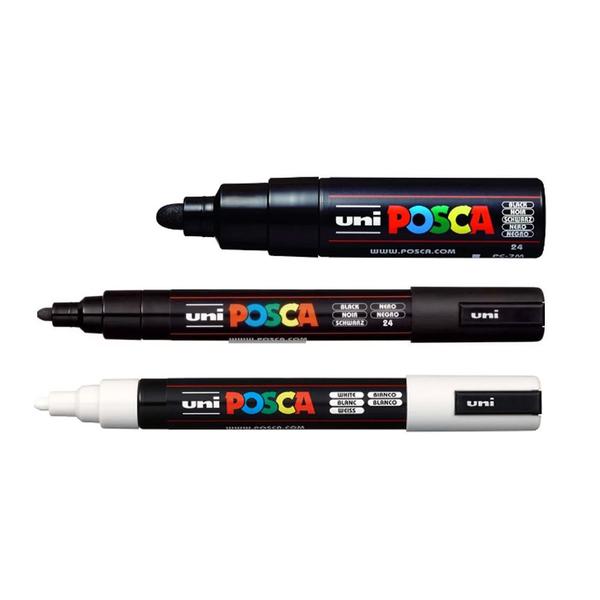 Imagem de Kit 3 Posca Brancas e Preta PC-5M e PC-7M Preta Uni-Ball