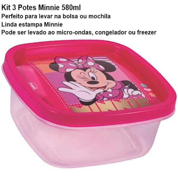 Imagem de Kit 3 Pote Minnie Lanche Escolar Potinho Lancheira Infantil