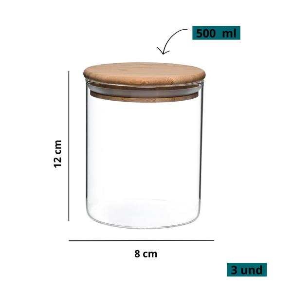 Imagem de Kit 3 Pote Porta Temperos Mantimentos Design Elegante Tampa De Bambu Hermético 500ml